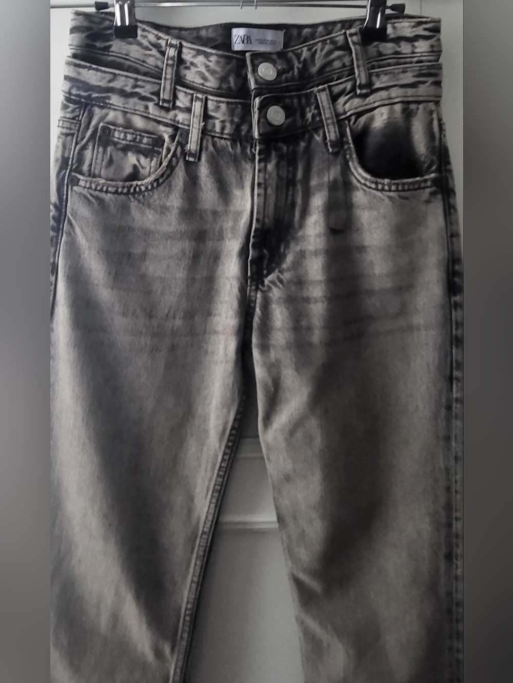 Zara Women Acid-Wash Black Double Waist Straight Leg Jeans - 0 NWOT